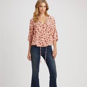 Rebecca Taylor Pink Boho Floral Print 100% Silk Blouse, 6